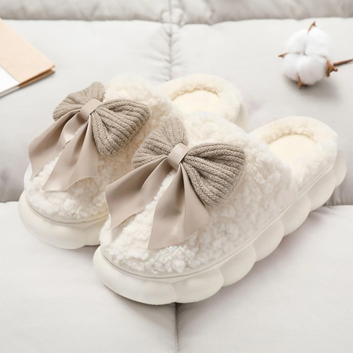 Bow Tie Thick Fluffy Slippers Cute Plush Warm Shoes Kawaii Lolita Indoor Outdoor Girls Fuzzy House Slippers