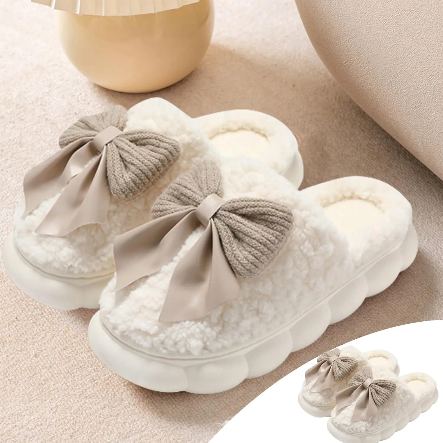Bow Tie Thick Fluffy Slippers Cute Plush Warm Shoes Kawaii Lolita Indoor Outdoor Girls Fuzzy House Slippers
