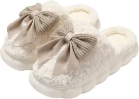 Bow Tie Thick Fluffy Slippers Cute Plush Warm Shoes Kawaii Lolita Indoor Outdoor Girls Fuzzy House Slippers