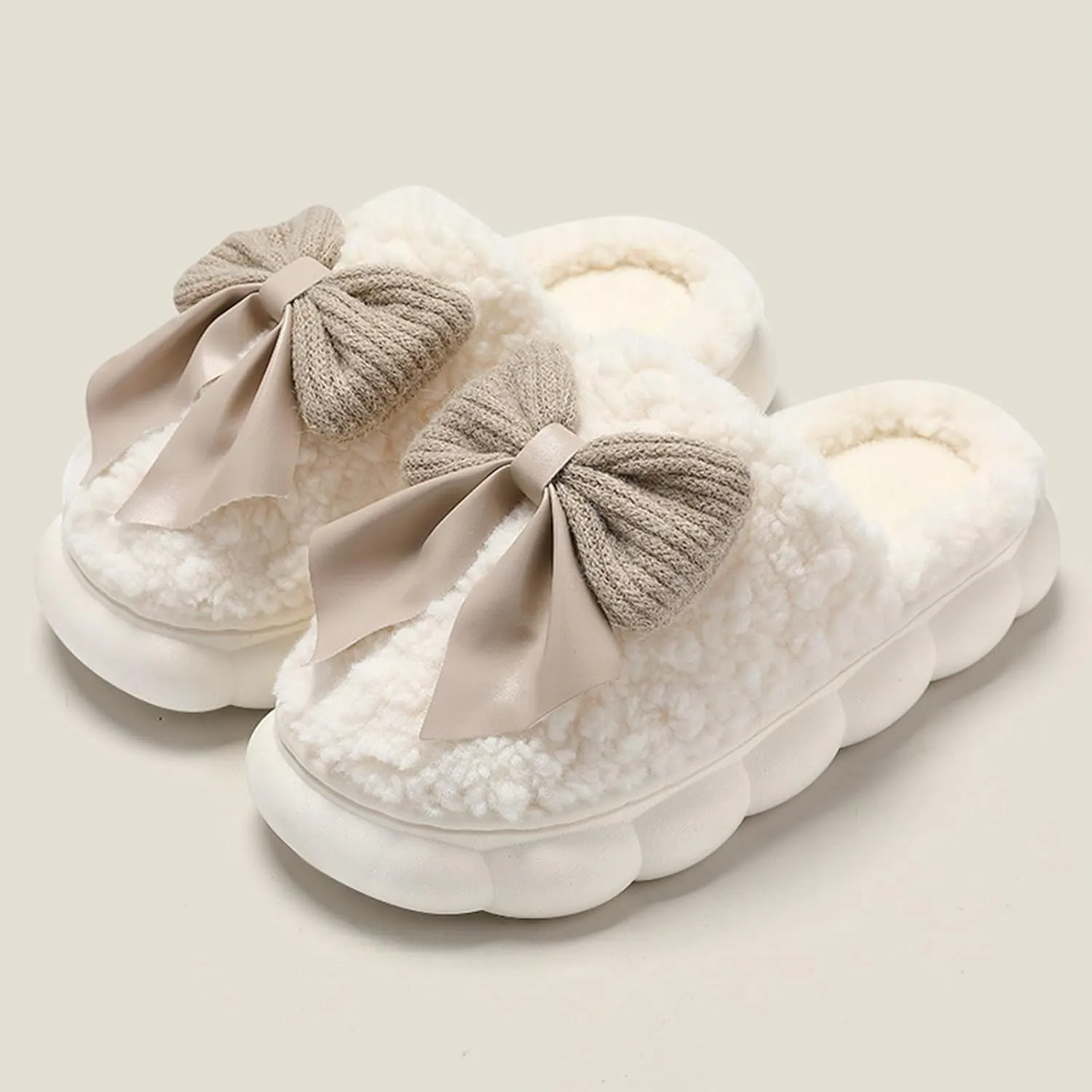 Bow Tie Thick Fluffy Slippers Cute Plush Warm Shoes Kawaii Lolita Indoor Outdoor Girls Fuzzy House Slippers