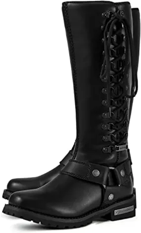 Dream Apparel Women's Harness Motorcycle Riding Boots Square Toe Biker Boots, Lace Up Knee High Boots with Side Zipper, Black PU Leather Boots Ladies