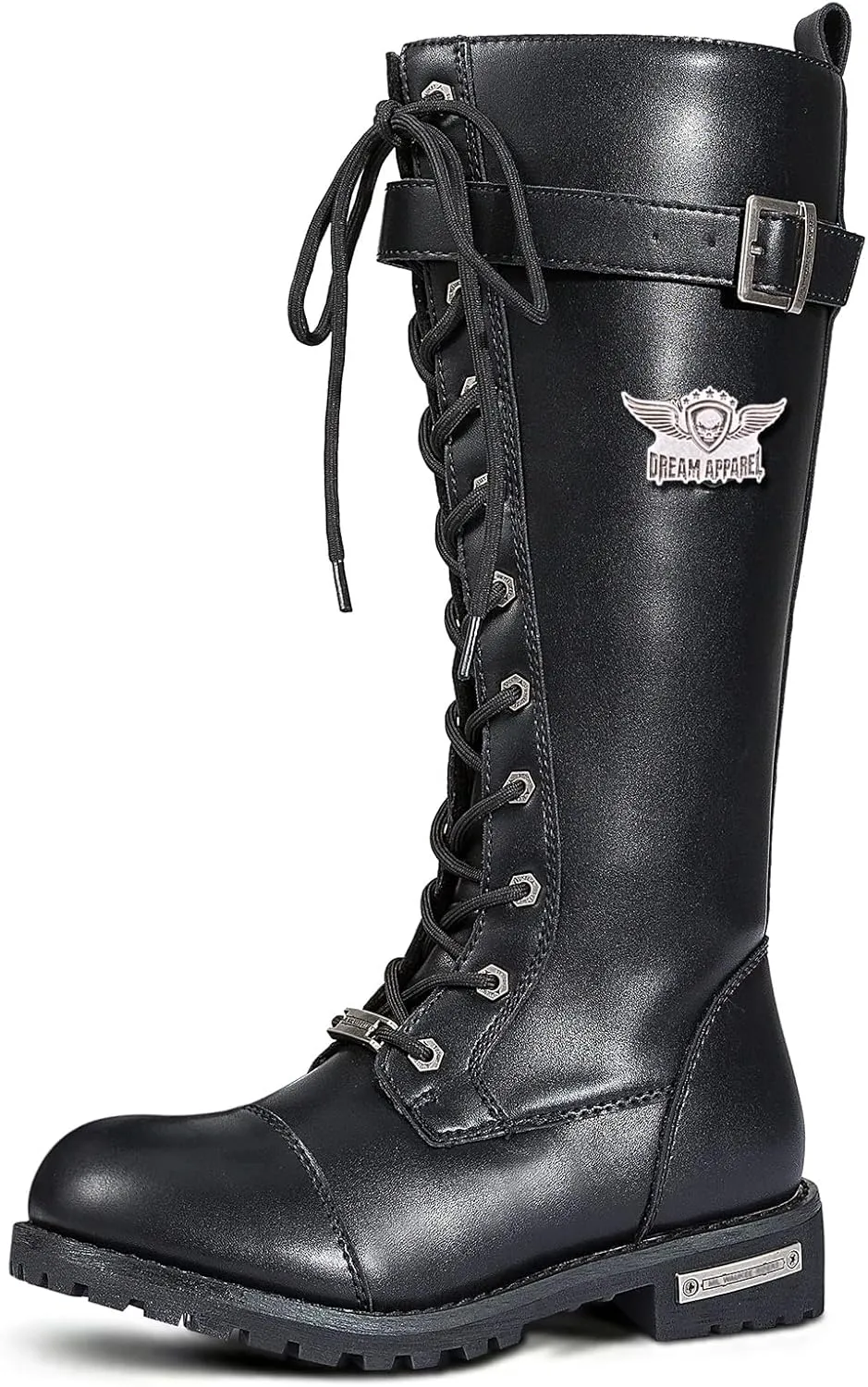 Dream Apparel Womens Motorcycle Boots for Riding, Biker Boots with Full Length Side Zipper, Lace Up Knee High Boots with Calf Buckle, Black PU Leather Combat Boots for Ladies