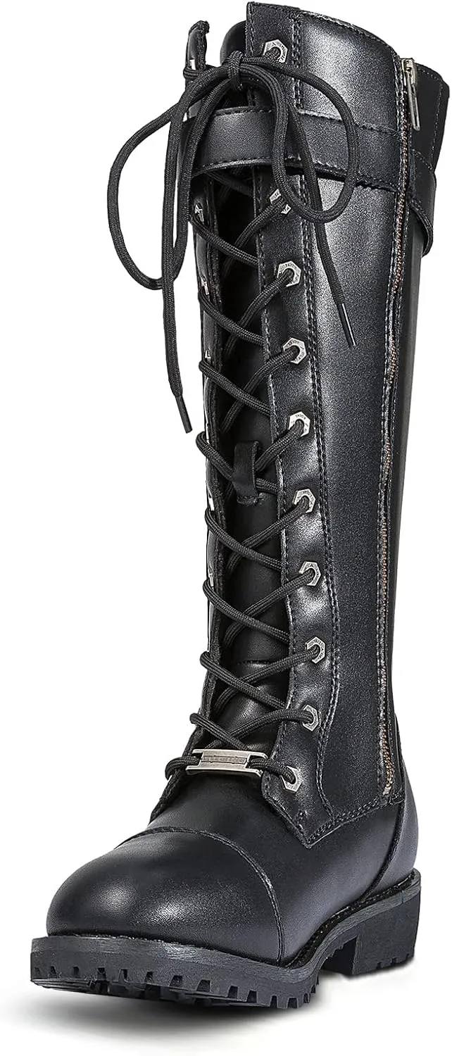 Dream Apparel Womens Motorcycle Boots for Riding, Biker Boots with Full Length Side Zipper, Lace Up Knee High Boots with Calf Buckle, Black PU Leather Combat Boots for Ladies