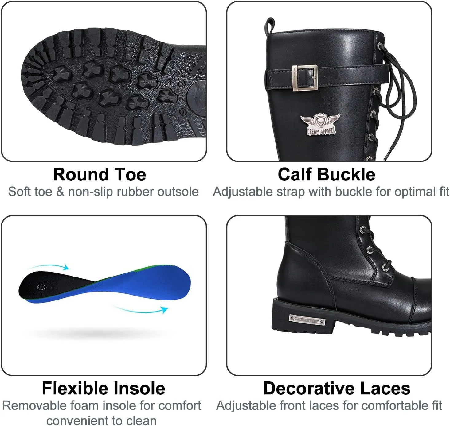 Dream Apparel Womens Motorcycle Boots for Riding, Biker Boots with Full Length Side Zipper, Lace Up Knee High Boots with Calf Buckle, Black PU Leather Combat Boots for Ladies