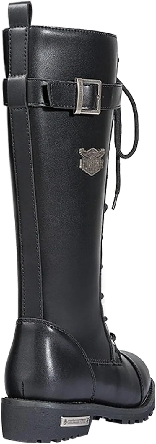 Dream Apparel Womens Motorcycle Boots for Riding, Biker Boots with Full Length Side Zipper, Lace Up Knee High Boots with Calf Buckle, Black PU Leather Combat Boots for Ladies