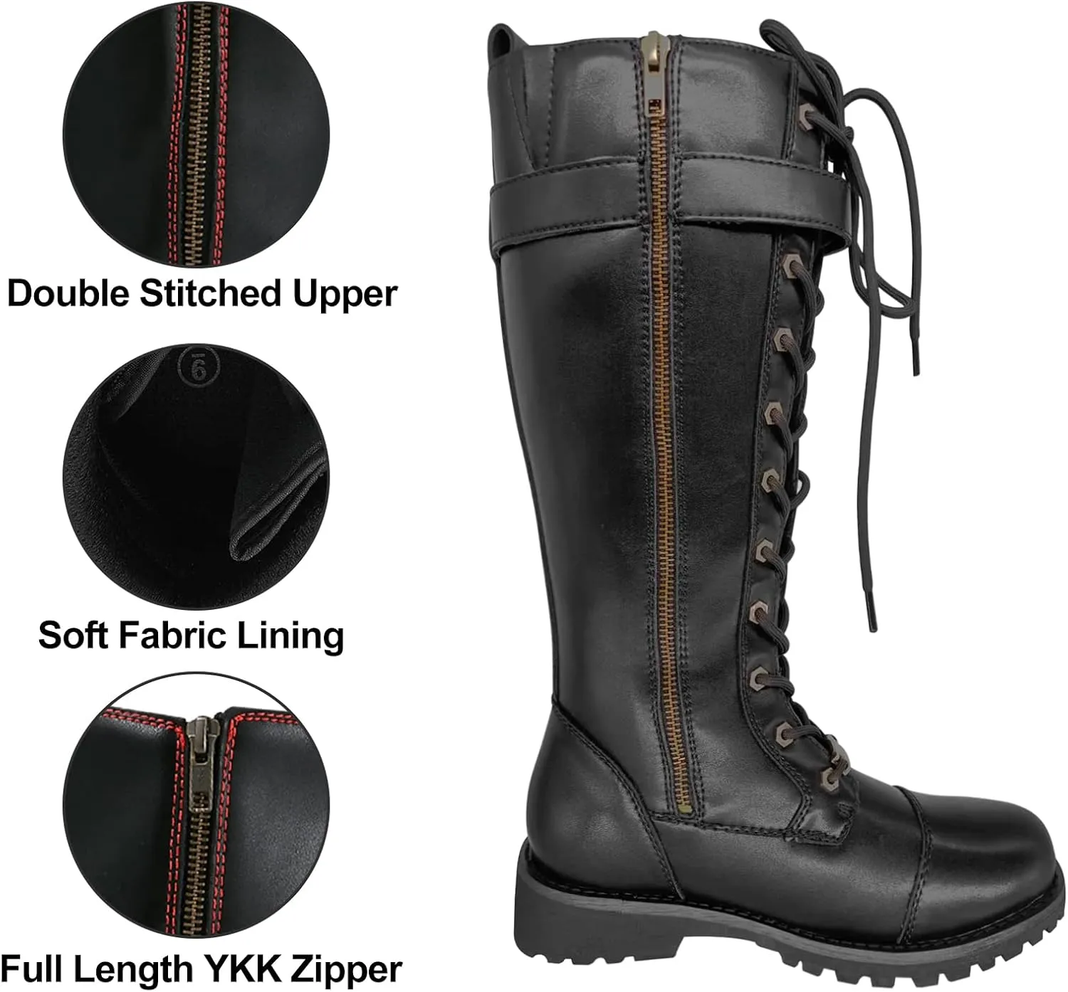 Dream Apparel Womens Motorcycle Boots for Riding, Biker Boots with Full Length Side Zipper, Lace Up Knee High Boots with Calf Buckle, Black PU Leather Combat Boots for Ladies
