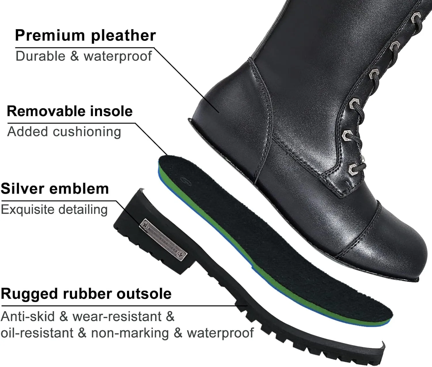 Dream Apparel Womens Motorcycle Boots for Riding, Biker Boots with Full Length Side Zipper, Lace Up Knee High Boots with Calf Buckle, Black PU Leather Combat Boots for Ladies