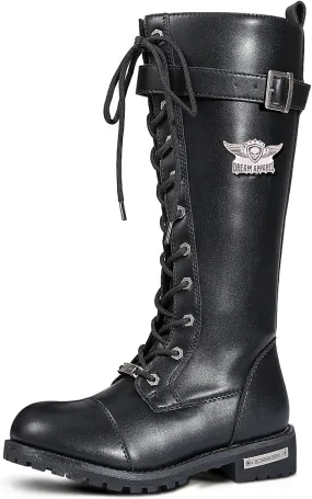 Dream Apparel Womens Motorcycle Boots for Riding, Biker Boots with Full Length Side Zipper, Lace Up Knee High Boots with Calf Buckle, Black PU Leather Combat Boots for Ladies