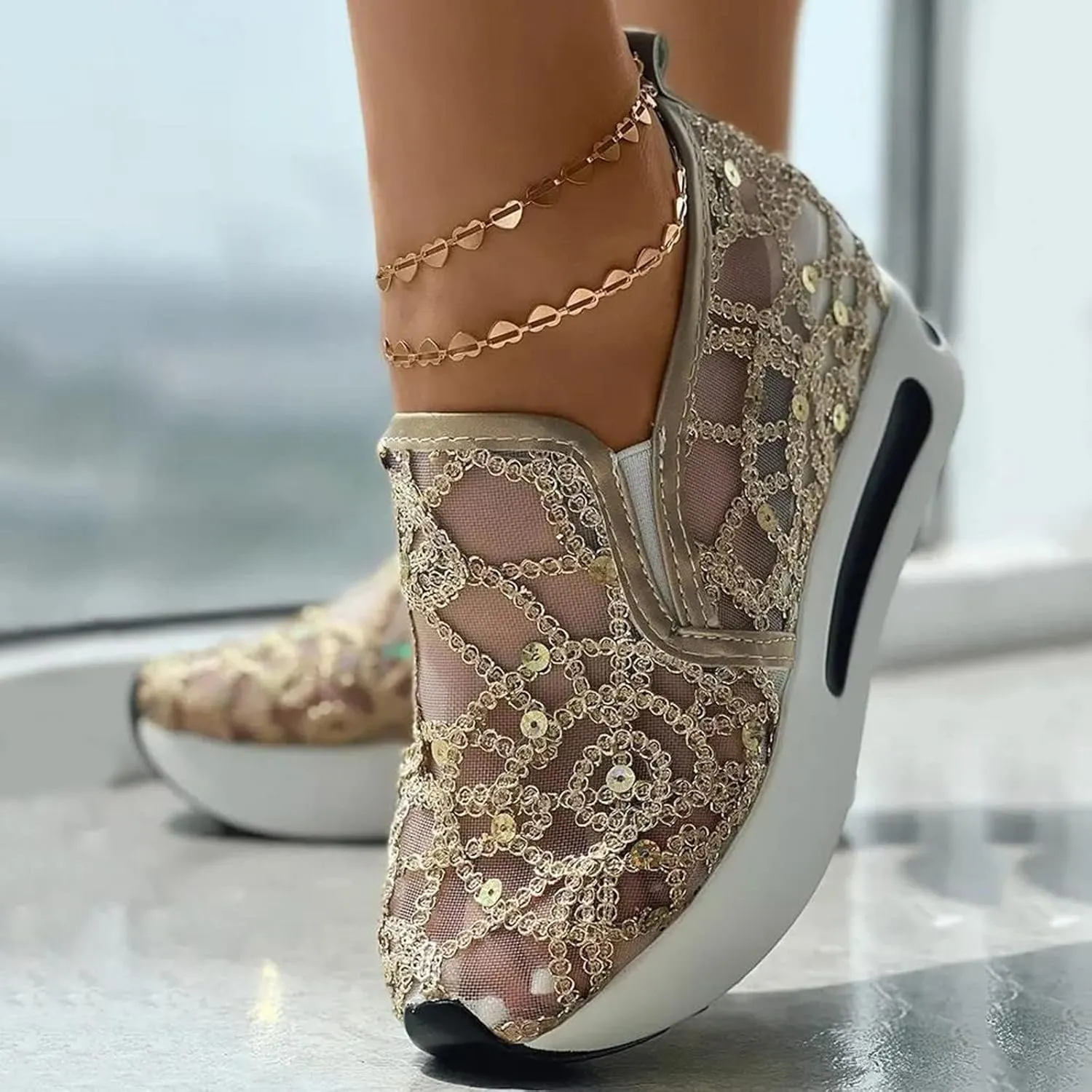 Embroidered Sneakers for Women See Through Mesh Breathable Shoes Comfortable Walking Sneakers Platform Chunky Loafers Casual Lightweight Shoes Beach Footwear 2025 Fashion