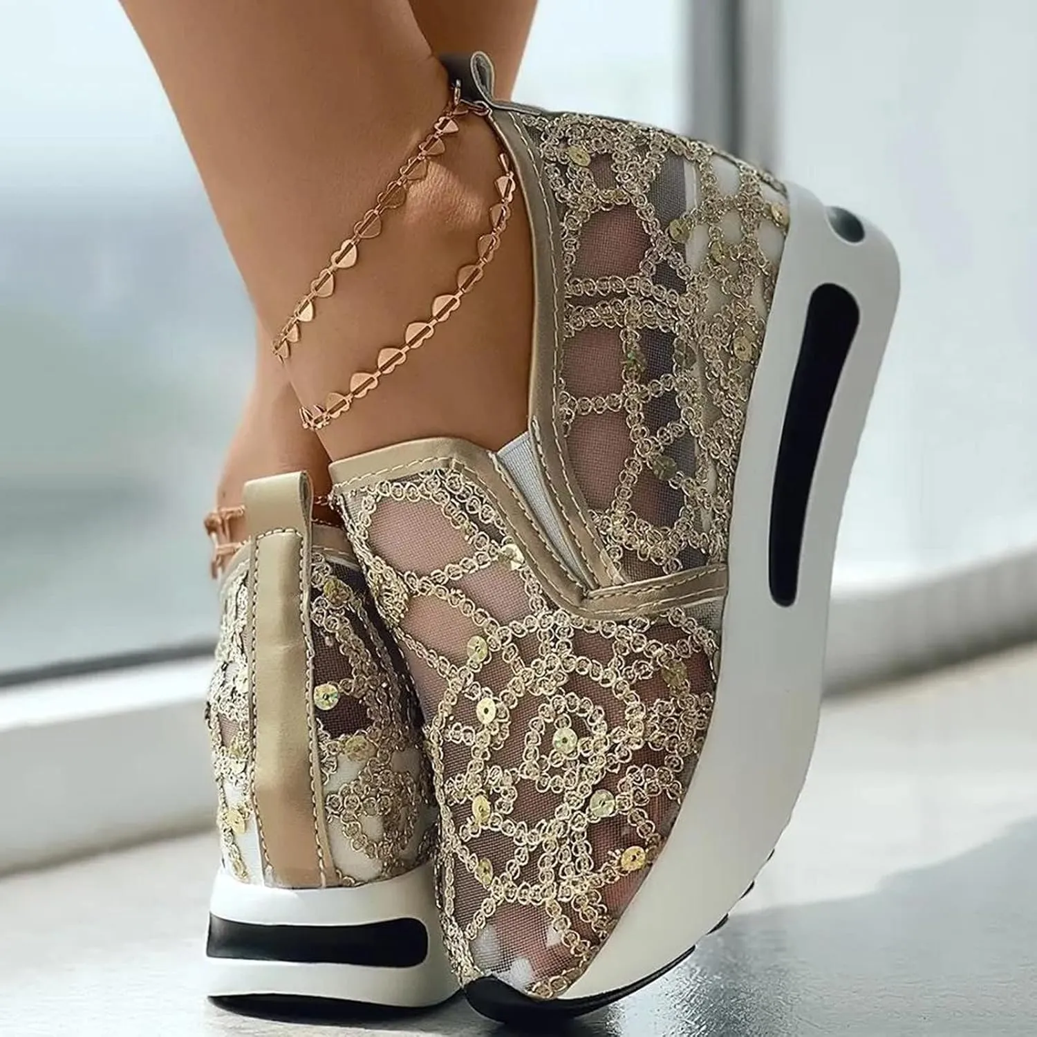 Embroidered Sneakers for Women See Through Mesh Breathable Shoes Comfortable Walking Sneakers Platform Chunky Loafers Casual Lightweight Shoes Beach Footwear 2025 Fashion