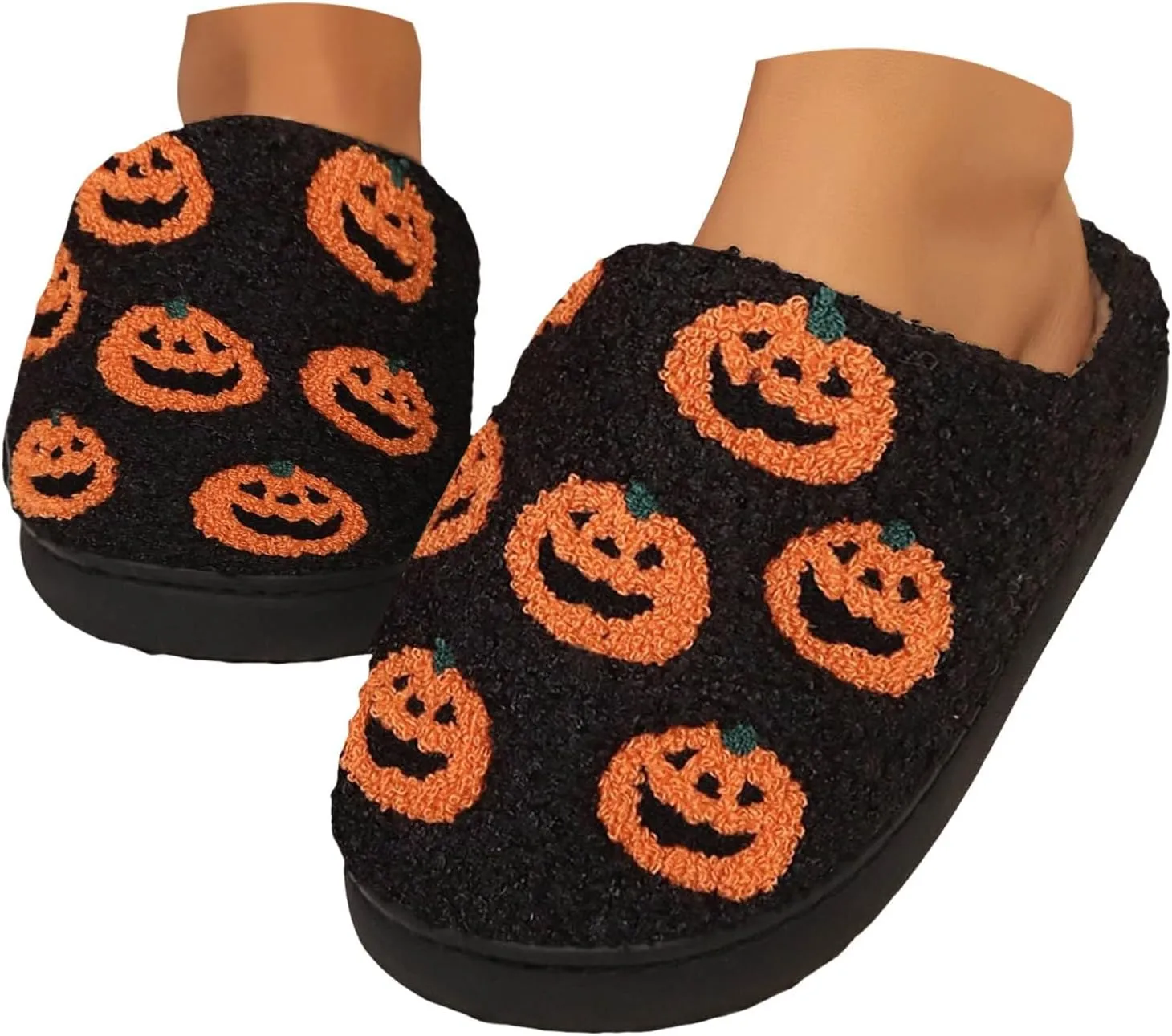 Halloween Slippers for Women Plush Warm Spooky Lantern Pumpkin Slippers Indoor Outdoor Fuzzy Slippers Gifts For Girlfriend