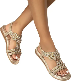 HINDOLA Women Rhinestone Sandals Summer Flat Gladiator Ankle Dress Strap Boho Beach Shoes Crystal Casual Arch Support Sandals