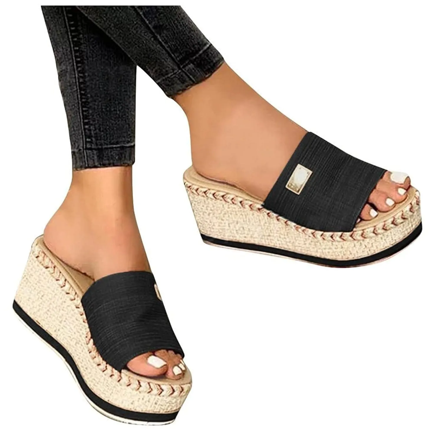 HINDOLA Womens Platform Wedge Sandals Open Toe Slip on Slide Backless Sandal Shoes Summer Espadrille Slippers Sandals