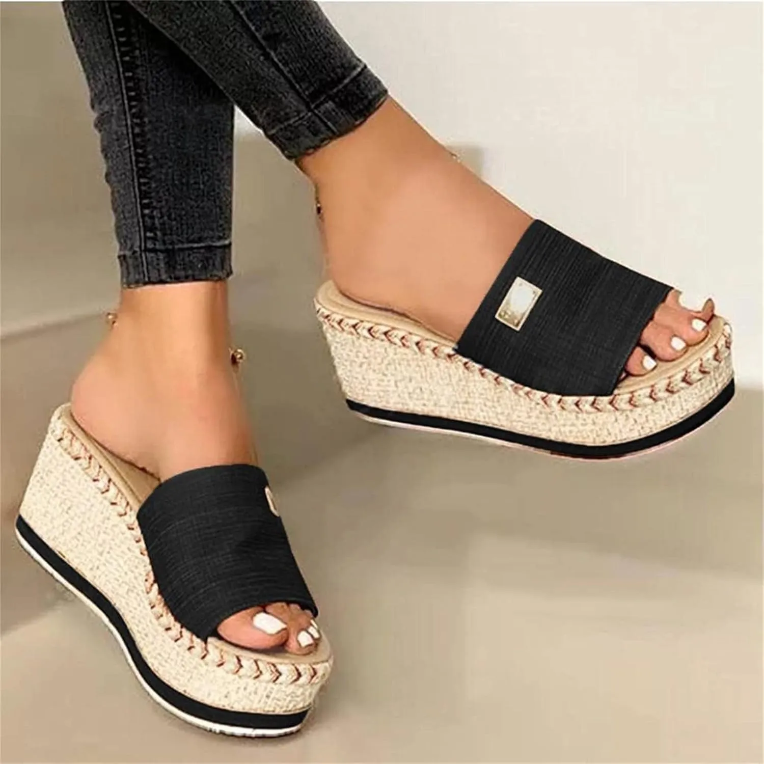 HINDOLA Womens Platform Wedge Sandals Open Toe Slip on Slide Backless Sandal Shoes Summer Espadrille Slippers Sandals