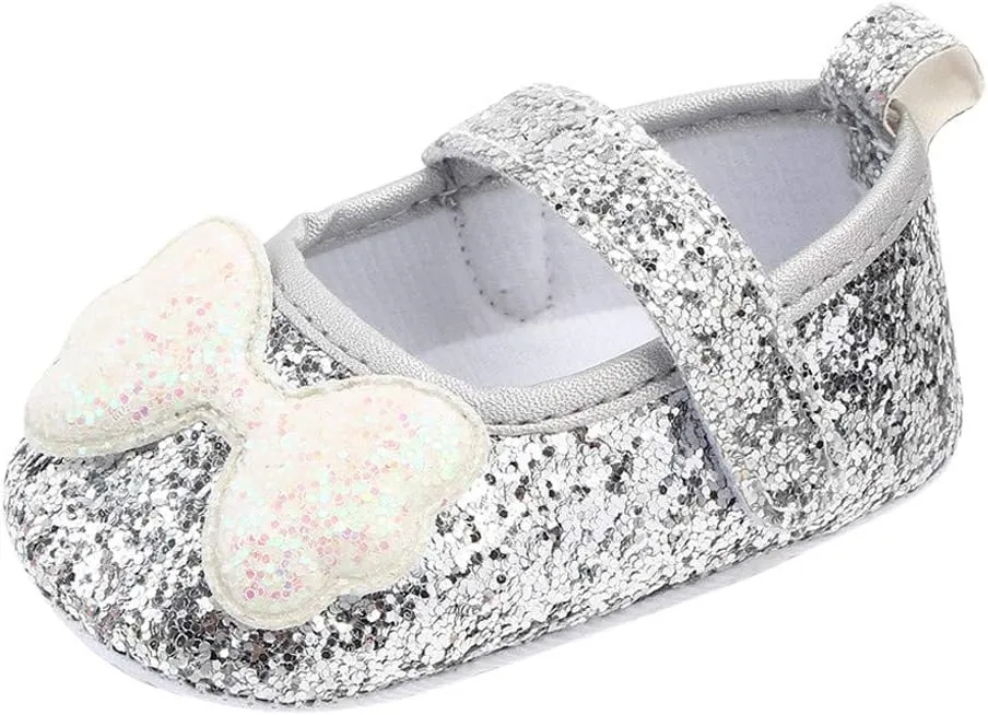 Kids Girls Indoor Dress Shoes Princess Bow-Knot Soft-Soled Walking Shoes Sequins Adhesive Tape Flat Casual Shoes