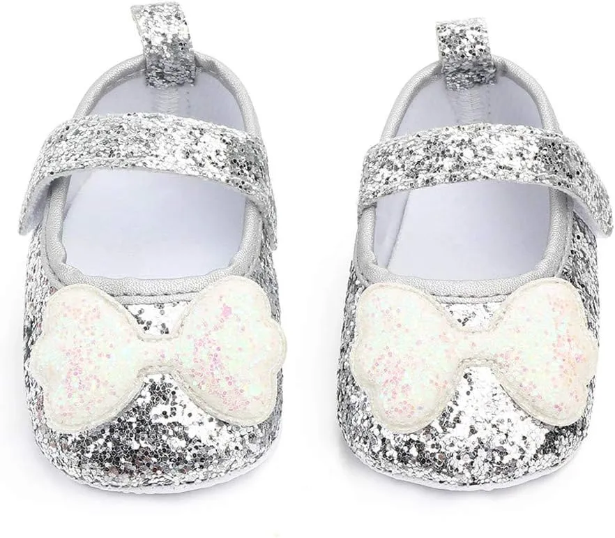 Kids Girls Indoor Dress Shoes Princess Bow-Knot Soft-Soled Walking Shoes Sequins Adhesive Tape Flat Casual Shoes