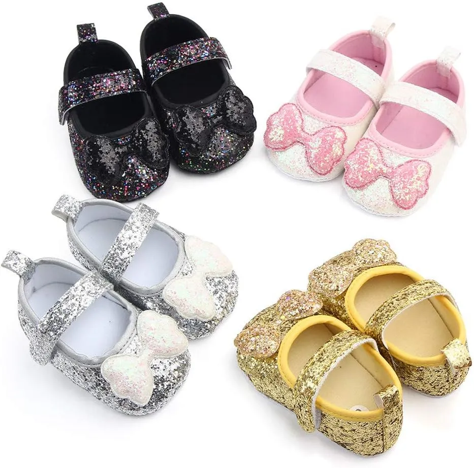 Kids Girls Indoor Dress Shoes Princess Bow-Knot Soft-Soled Walking Shoes Sequins Adhesive Tape Flat Casual Shoes
