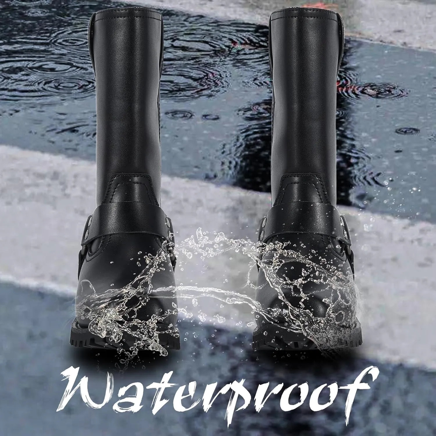 Motorcycle Boots for Women Black Mid Calf Motorcycle Riding Boots Waterproof PU Leather Boots
