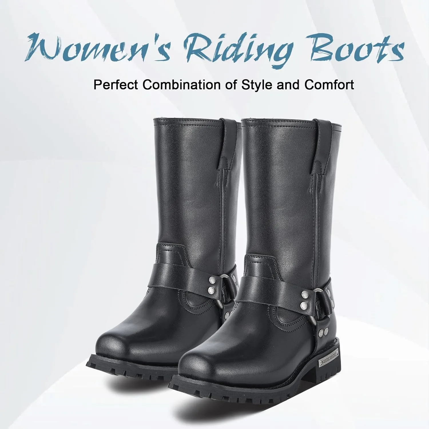 Motorcycle Boots for Women Black Mid Calf Motorcycle Riding Boots Waterproof PU Leather Boots