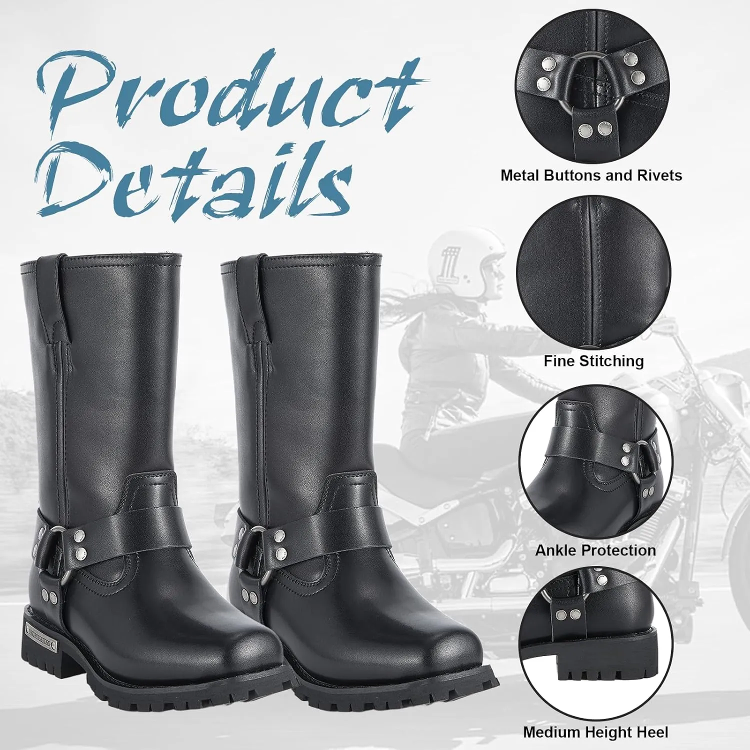 Motorcycle Boots for Women Black Mid Calf Motorcycle Riding Boots Waterproof PU Leather Boots