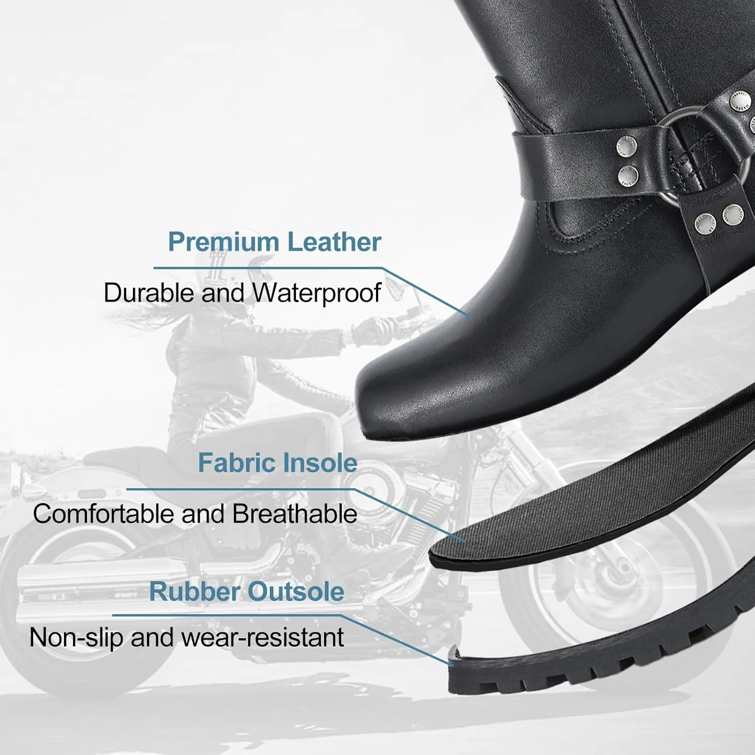 Motorcycle Boots for Women Black Mid Calf Motorcycle Riding Boots Waterproof PU Leather Boots