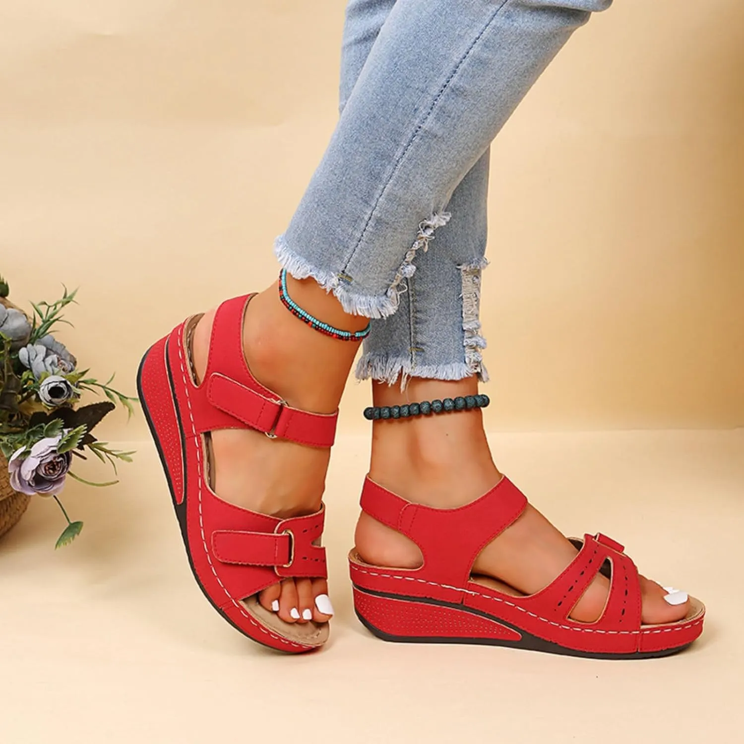 Wedge Sandals for Women Orthotic Comfortable Soft Cushion Summer Beach Walking Shoes Slip On Hook and Loop Fastener All-Match Shoes All-Day Comfort