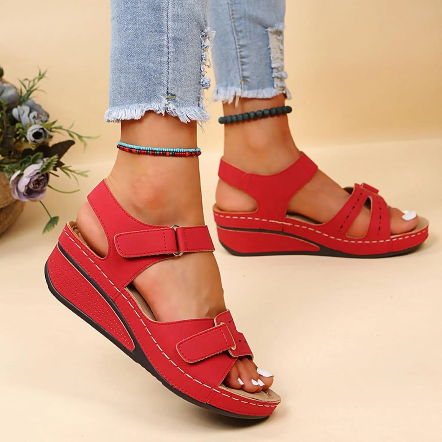 Wedge Sandals for Women Orthotic Comfortable Soft Cushion Summer Beach Walking Shoes Slip On Hook and Loop Fastener All-Match Shoes All-Day Comfort