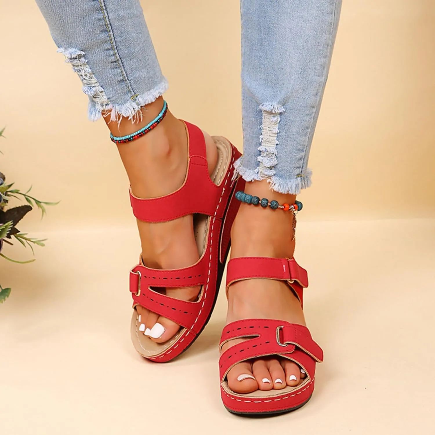 Wedge Sandals for Women Orthotic Comfortable Soft Cushion Summer Beach Walking Shoes Slip On Hook and Loop Fastener All-Match Shoes All-Day Comfort