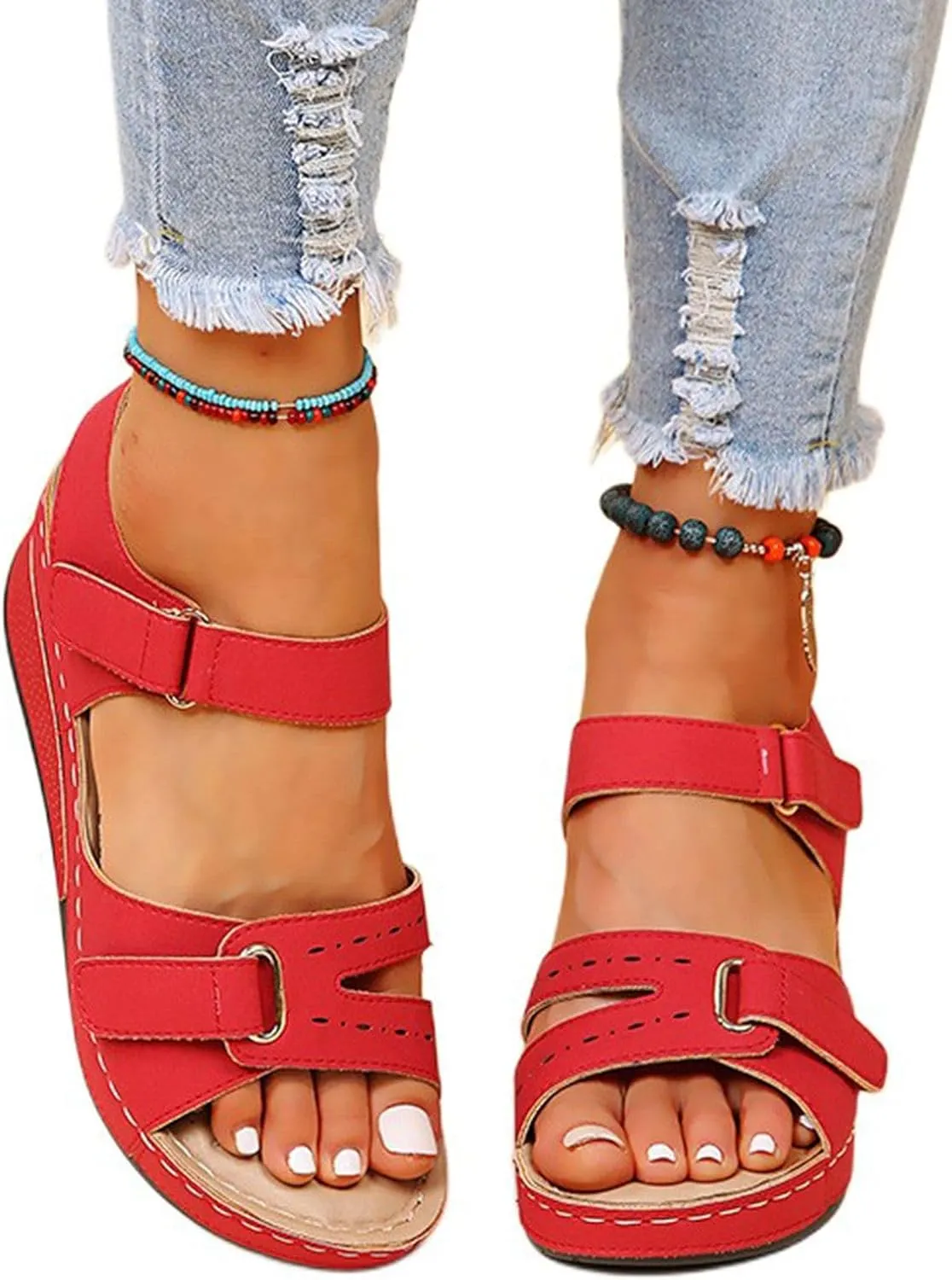 Wedge Sandals for Women Orthotic Comfortable Soft Cushion Summer Beach Walking Shoes Slip On Hook and Loop Fastener All-Match Shoes All-Day Comfort