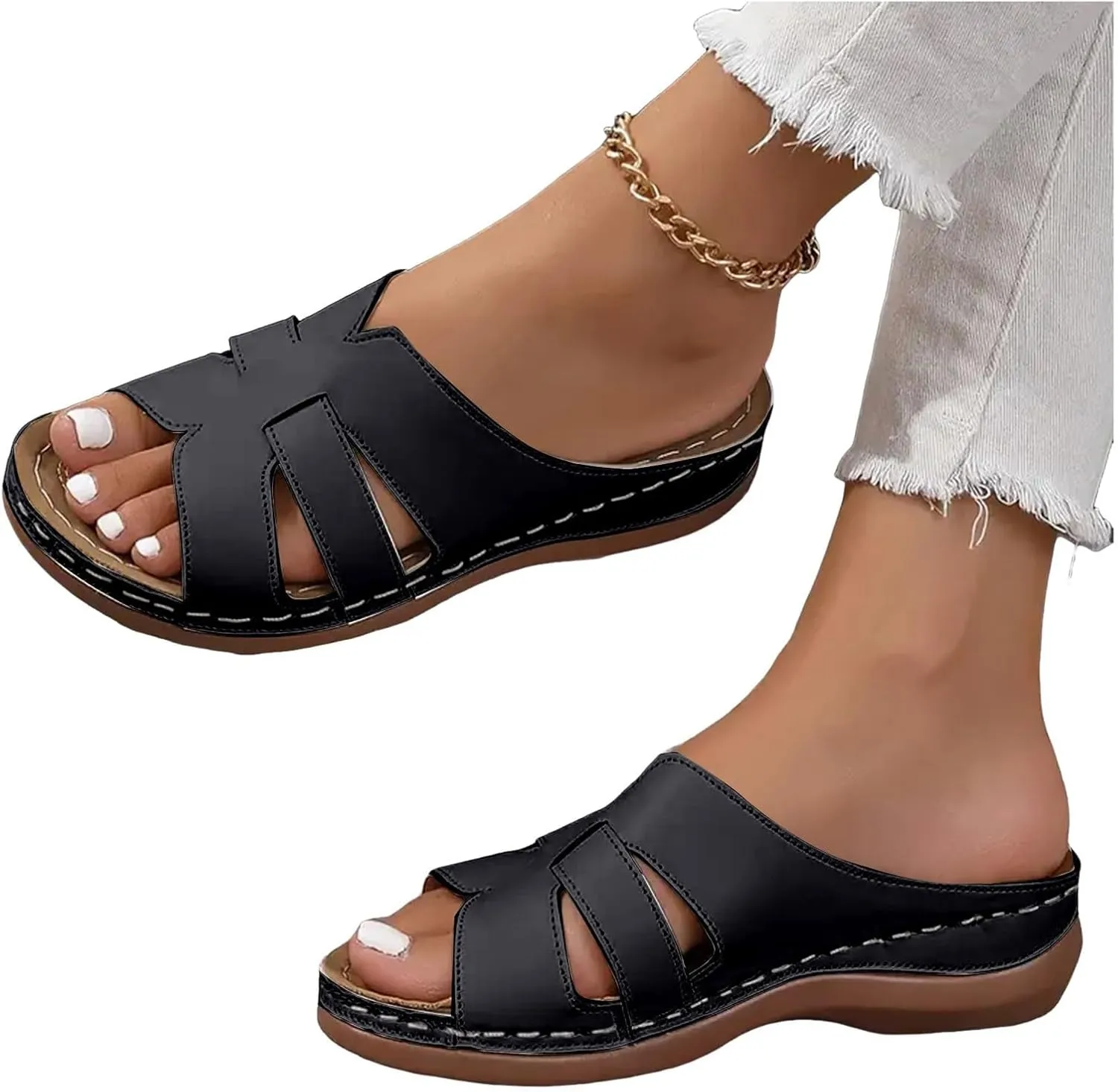 Women Arch Support Slides Orthotic Walking Sandals Orthopedic Sandals Comfortable Open Toe Crisscross Straps Slip on Sandals for Women