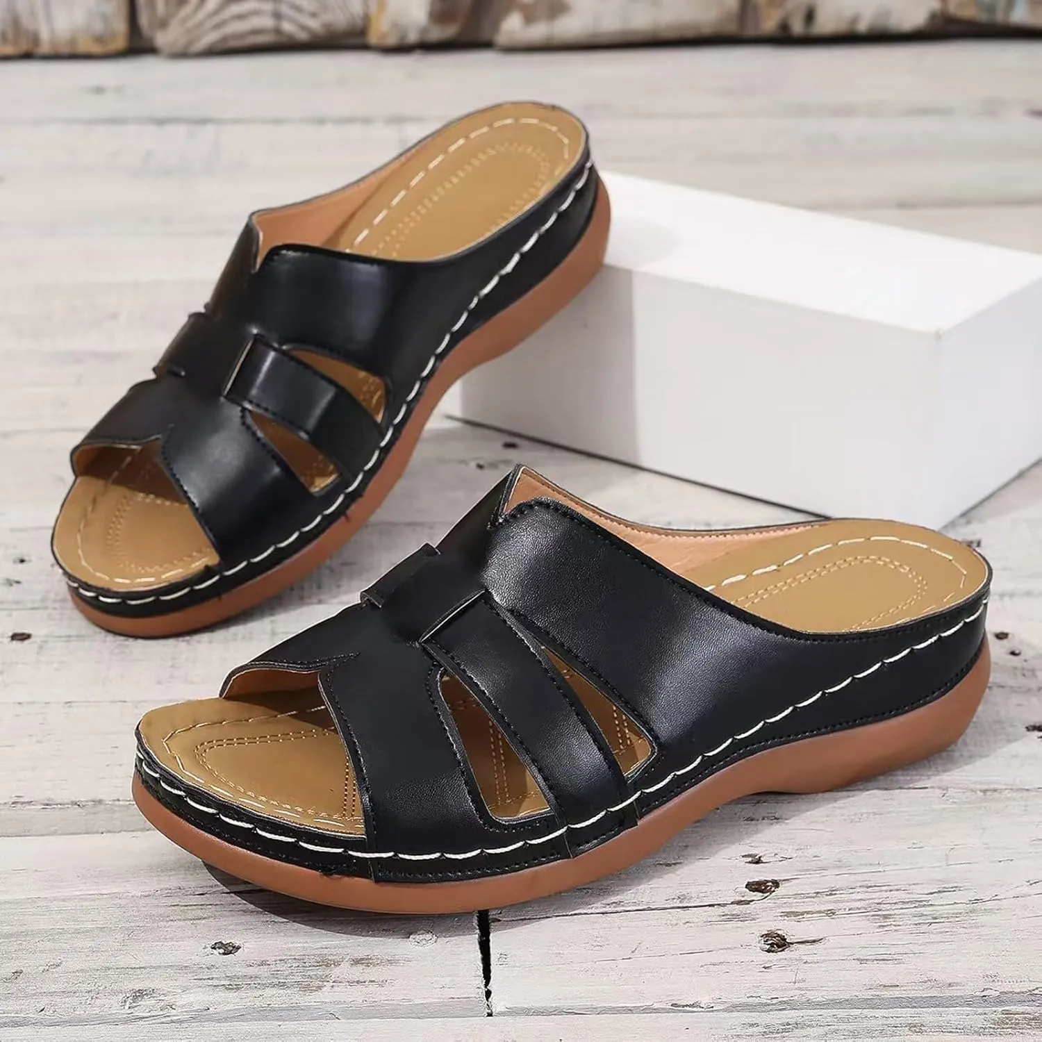 Women Arch Support Slides Orthotic Walking Sandals Orthopedic Sandals Comfortable Open Toe Crisscross Straps Slip on Sandals for Women