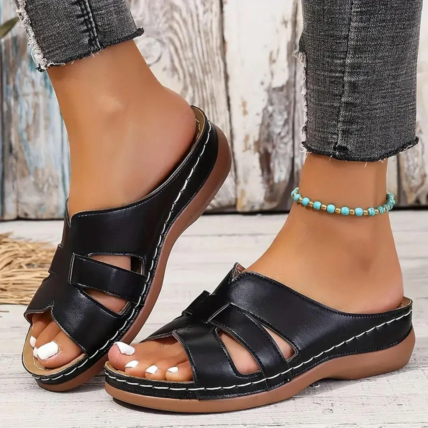 Women Arch Support Slides Orthotic Walking Sandals Orthopedic Sandals Comfortable Open Toe Crisscross Straps Slip on Sandals for Women