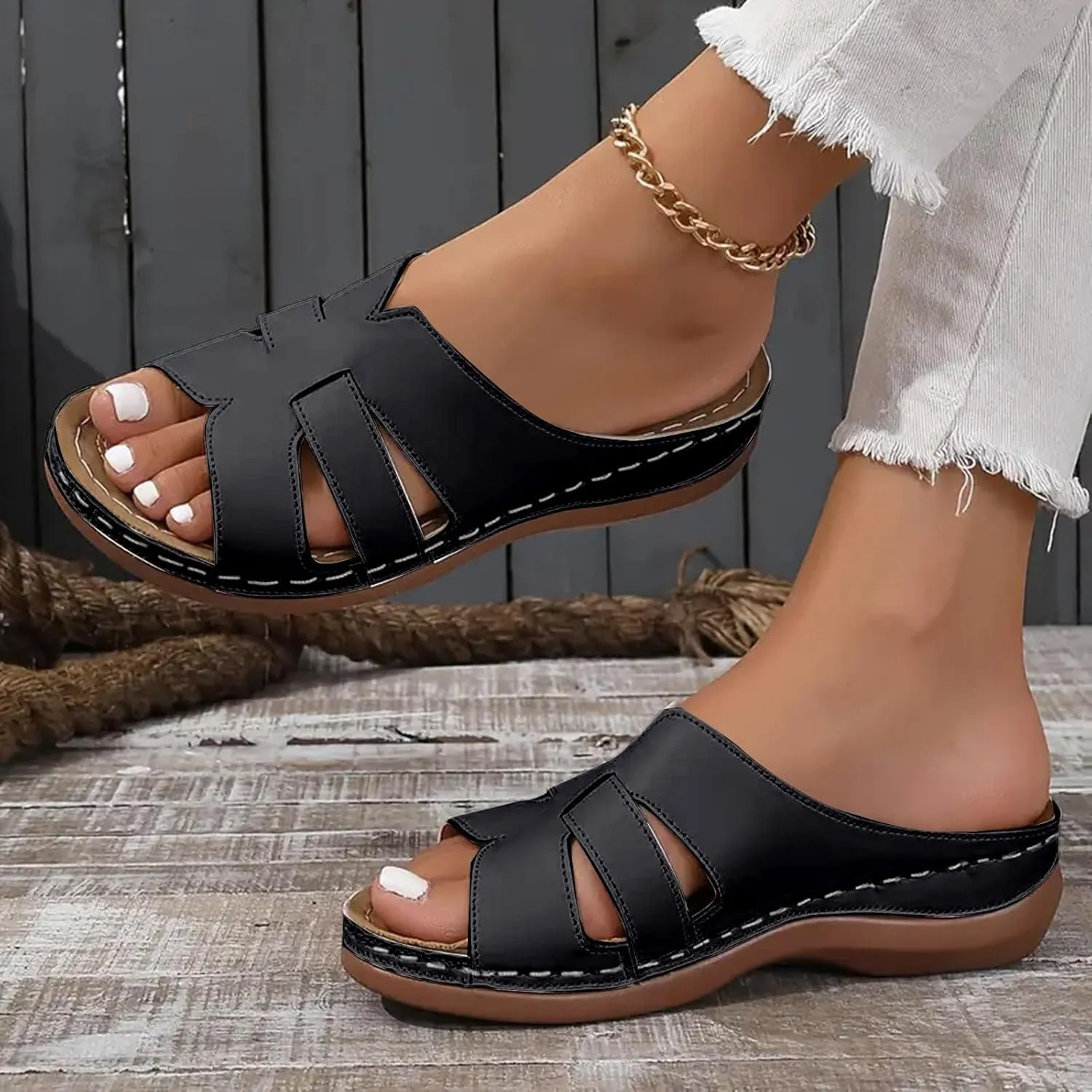 Women Arch Support Slides Orthotic Walking Sandals Orthopedic Sandals Comfortable Open Toe Crisscross Straps Slip on Sandals for Women
