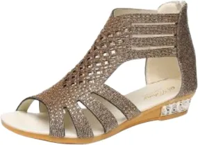 Women Wedge Sandals, Sparkly Rhinestone Open Toe, Slide with Zipper Back Platform, High Heel for Fashion Dressy Evening Wedding Prom