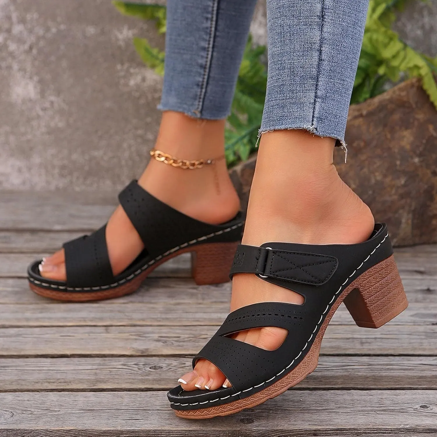 Womens Chunky Heels Sandals Casual Dressy Open Toe Adjustable Ankle Strap Slip On Beach Slides Platform Heels Slippers