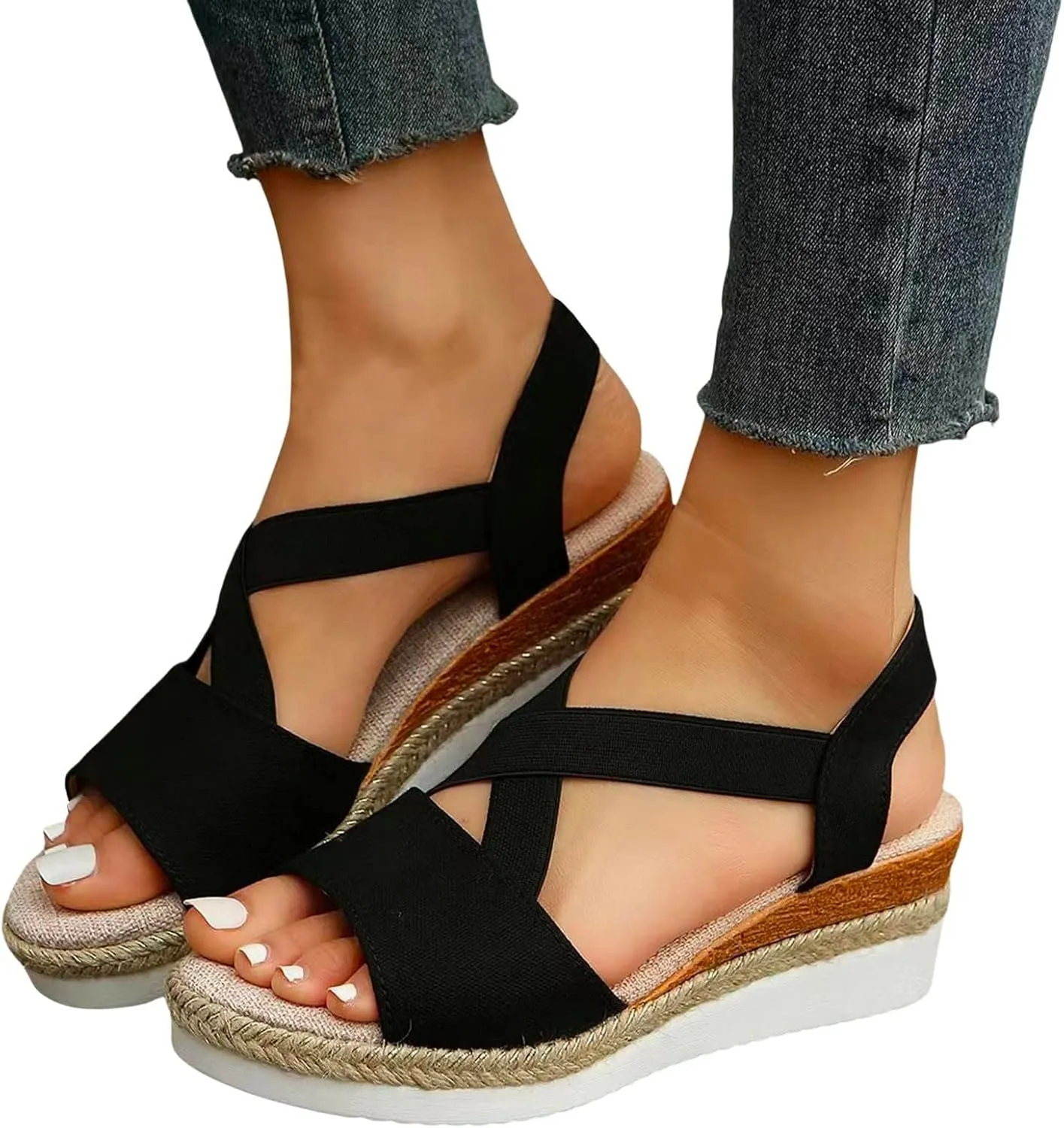 Womens Comfortable Sandals Open Toe Cross Belt Non Slip Wedge Sandals Fashion Elastic Ankle Strap Platform Summer Shoes Wide Width Lightweight Paltform Espadrilles Sandal