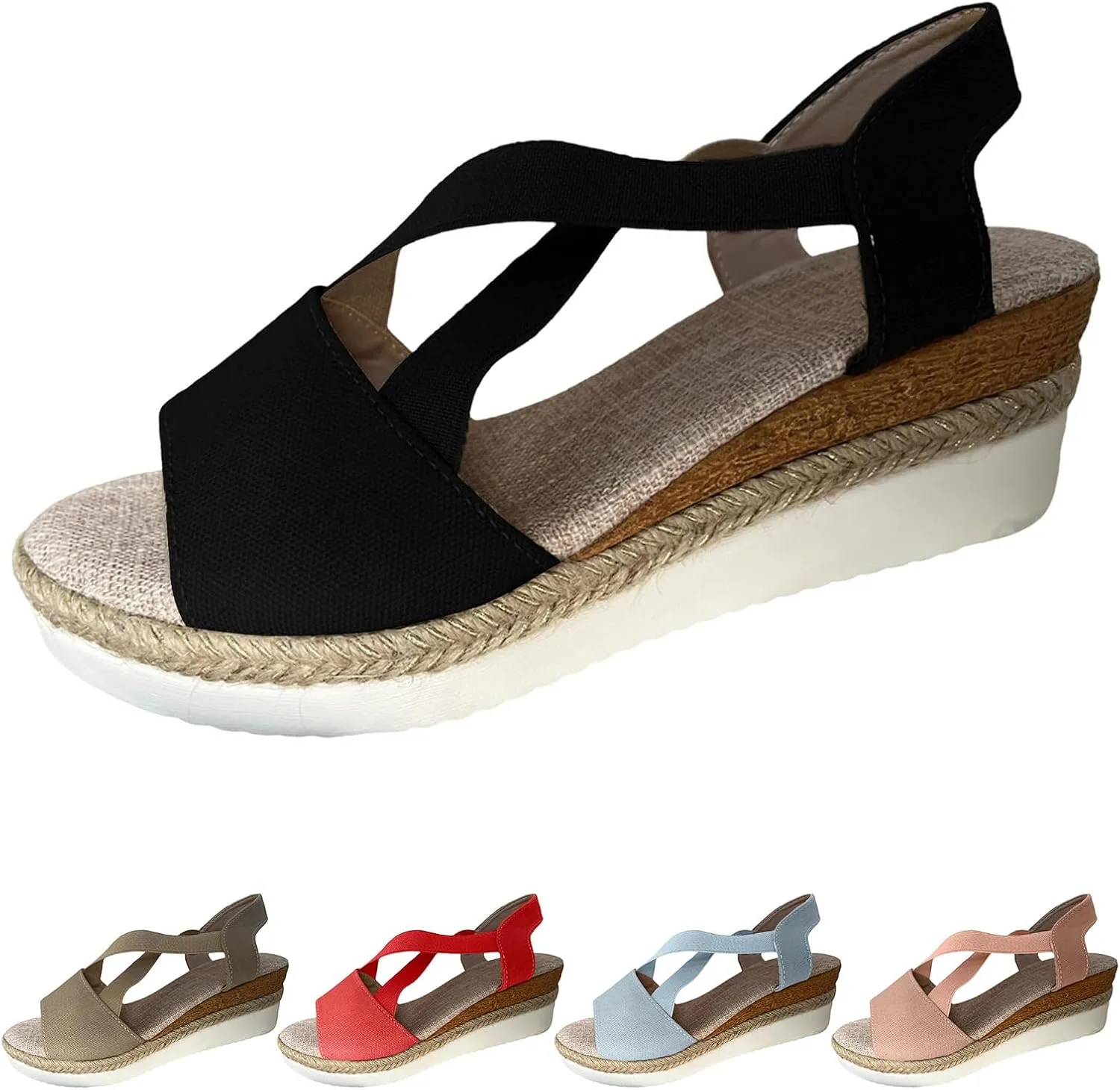 Womens Comfortable Sandals Open Toe Cross Belt Non Slip Wedge Sandals Fashion Elastic Ankle Strap Platform Summer Shoes Wide Width Lightweight Paltform Espadrilles Sandal