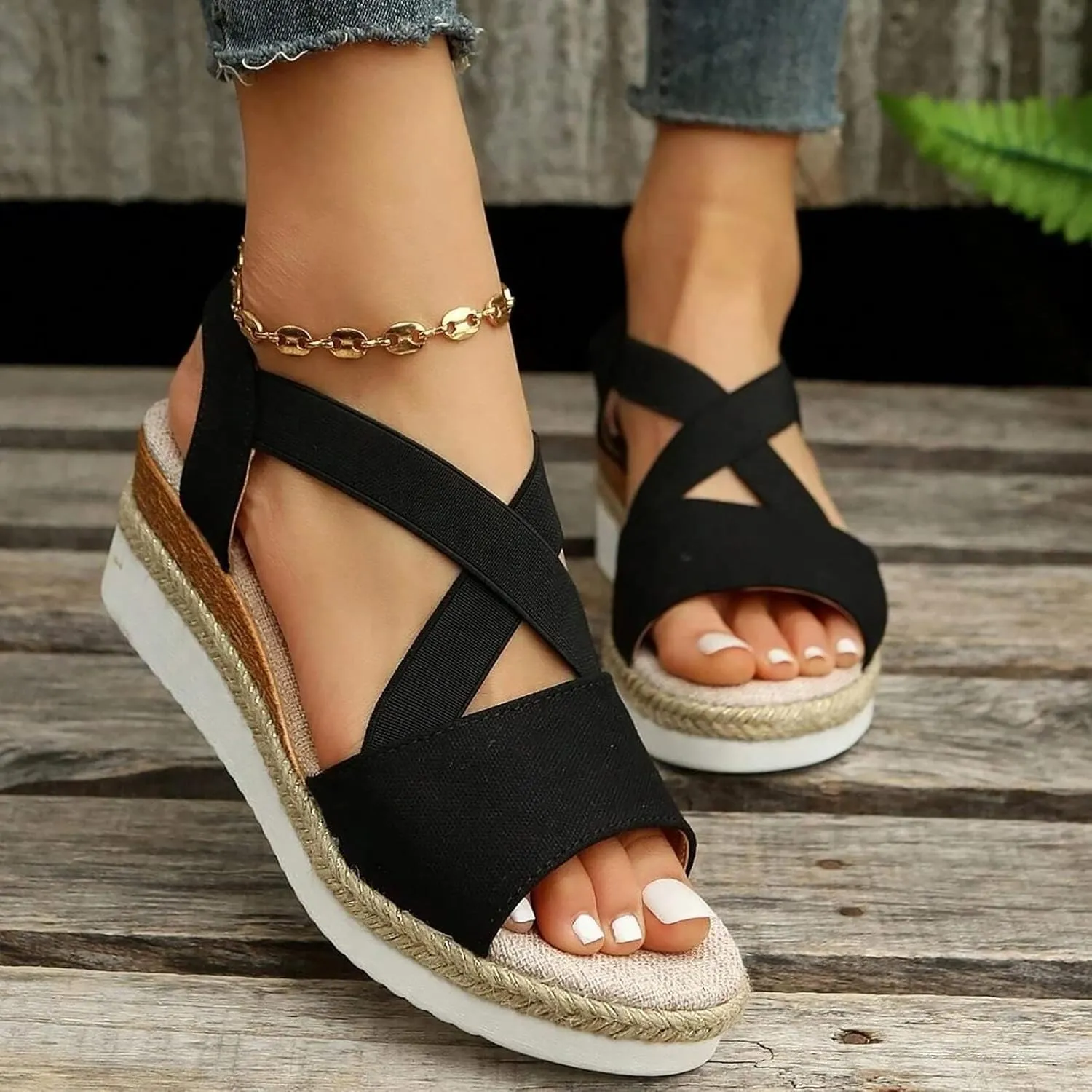 Womens Comfortable Sandals Open Toe Cross Belt Non Slip Wedge Sandals Fashion Elastic Ankle Strap Platform Summer Shoes Wide Width Lightweight Paltform Espadrilles Sandal