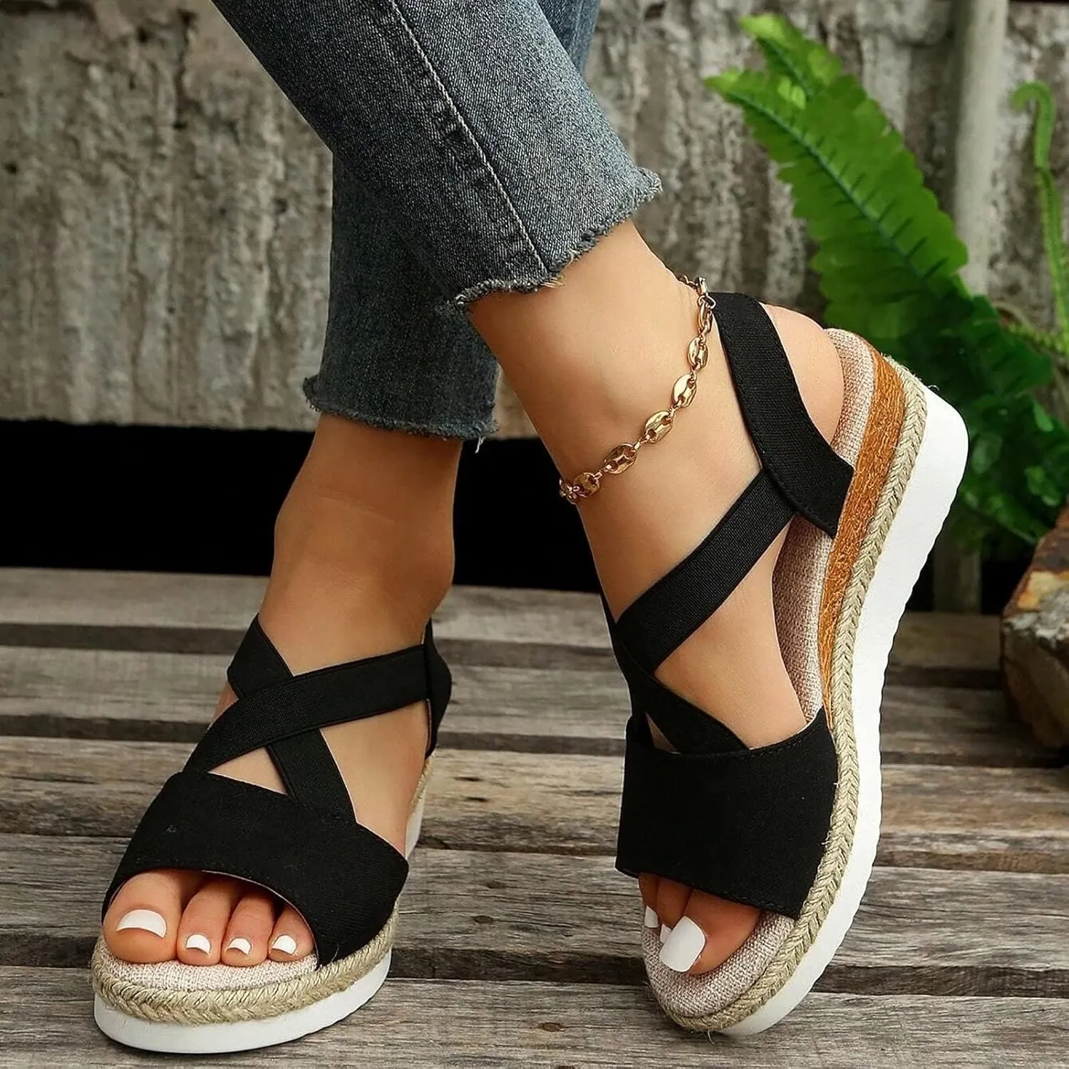 Womens Comfortable Sandals Open Toe Cross Belt Non Slip Wedge Sandals Fashion Elastic Ankle Strap Platform Summer Shoes Wide Width Lightweight Paltform Espadrilles Sandal