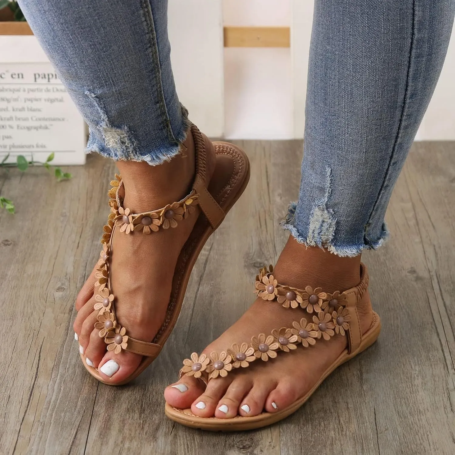 Womens Thong Sandals Bohemia Floral Flat 2025 Summer Boho Beach Shoes Comfortable Dress Ankle Elastic Bohemian Flatsshoes